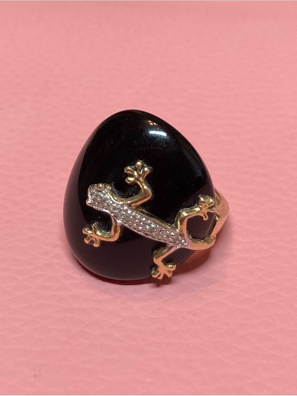 Vintage 14K Gold Black Onyx Lizard Ring Diamond Accents Size 6